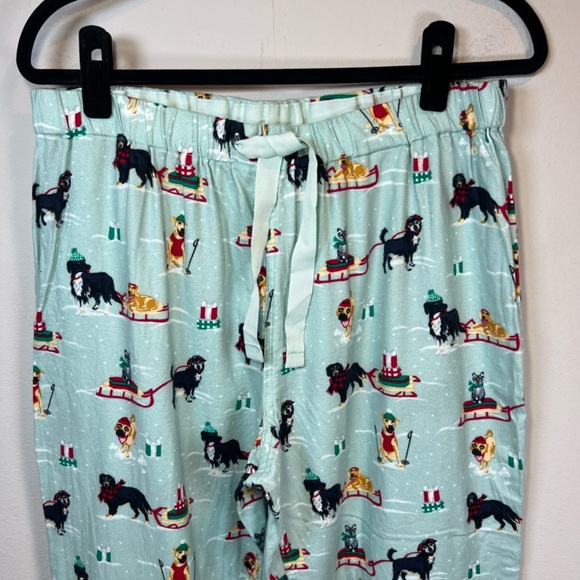 Lands End Womens Holiday Pajama Bottoms Aqua Dogs Cats Christmas Sleds Sz Medium - Picture 2 of 8